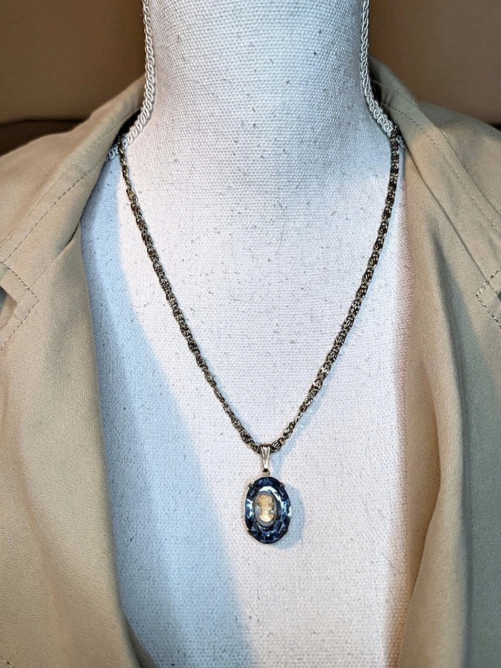 Vintage Blue Cameo Pendant Necklace